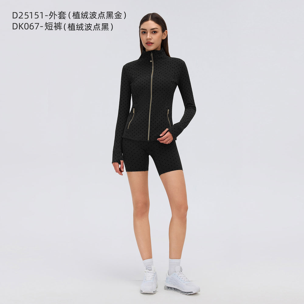 Big brand same style beautiful black polka dot yoga leggings women's stand collar jacket outwear silmslimming look sports suit