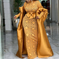 African plus size elegant banquet two-piece set: satin bubble sleeve outer robe with semi-high neck lace see-through maxi skirt outfit