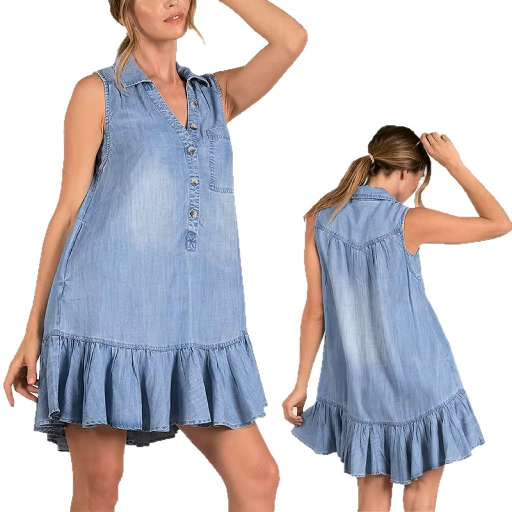 cross-border summer sleeveless fashion trendy ins style loose denim dress pleated skirt women's clothing