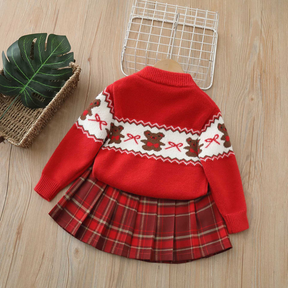 Girls' fall/winter sweater: thickened red base layer with bow and bear design - winter knitted wool sweater for big kids