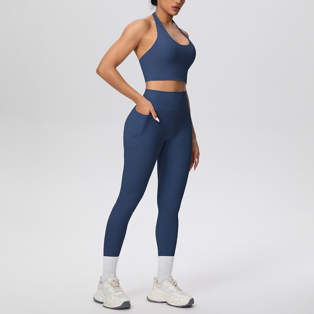 New halter neck backless high-waisted butt-lifting pocket pants activewear set - cloud-like comfort for casual outdoor running, fitness, and yoga