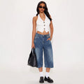 Lazy feeling new arrivalhigh waist wide leg denim half length pants women's summercasualcasuallooseslimming lookeasiest for matchstraight-leg pants