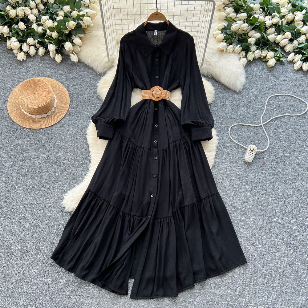 Frenchretro platycodon skirtclassy strappy waist lapel single breasted slimming look large swingshirtdress