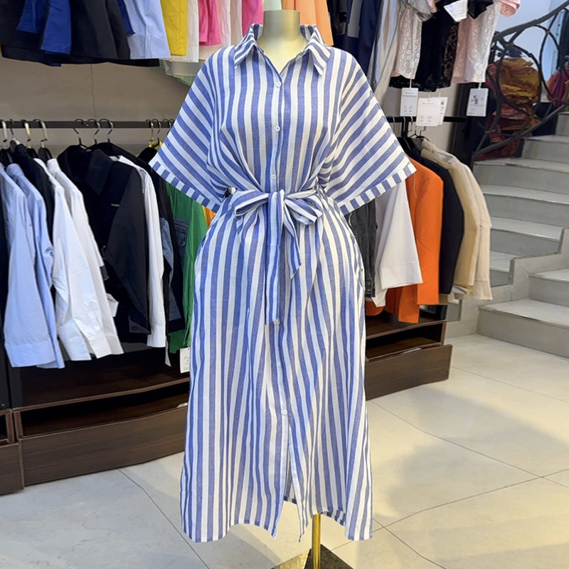 European and american cross-border women's fashion:  spring new arrival - elegant collared pink striped tie-waist short-sleeve shirt dress