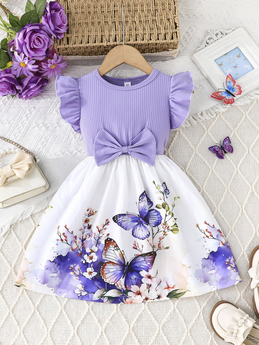 25 years of cross-border expertise – new girls' summer flutter sleeve dress: solid color top with floral print skirt