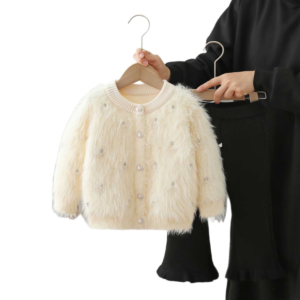 Girls' sweater set - new autumn/winter korean style baby girl solid color fuzzy beaded cardigan knit pants two-piece outfit