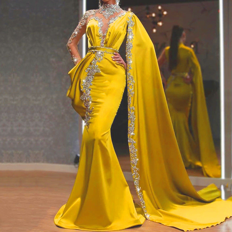 new foreign trade european and american women's clothing   evening gown yellow gold sprinkle sequin long dress