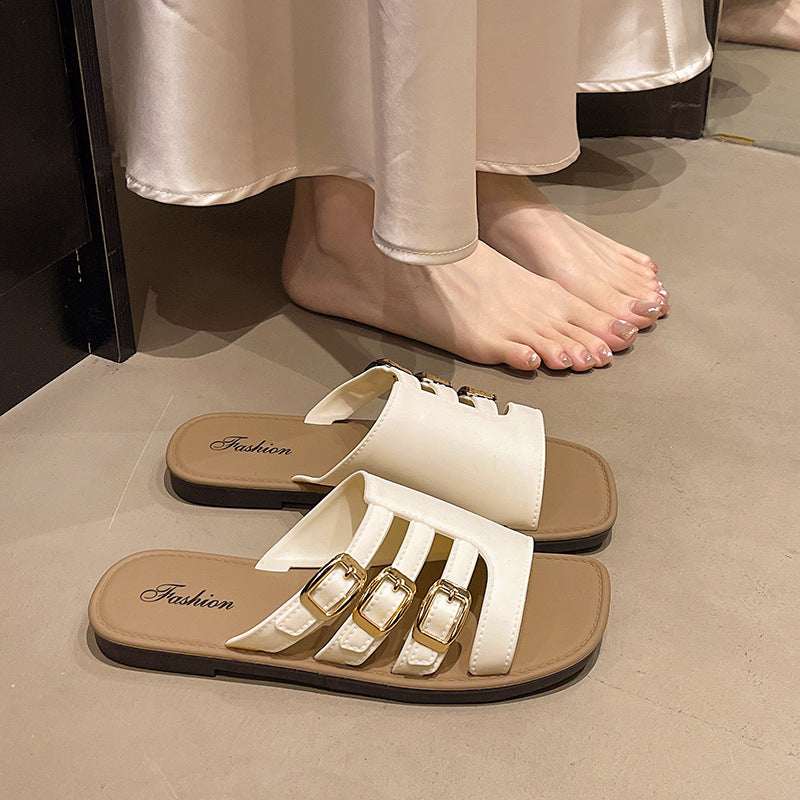 Trendy square-toe flat fashion slippers for women - 2026 summer new arrivals - fairycore style with buckle strap - versatile beach sandals