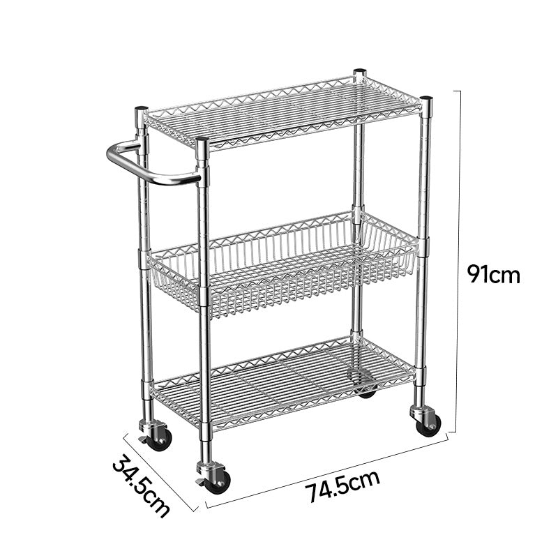 Kitchen with wheels vegetable snack trolley three layers with armrest rack electroplated iron wire removable storage rack