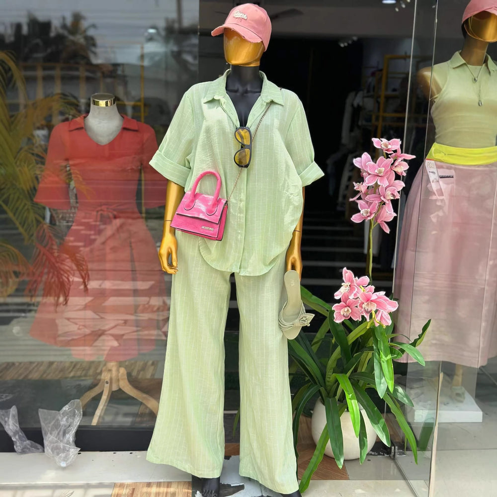 European and american cross-border women's fashion:  summer new arrivals - stylish casual striped loose-fit short sleeve shirt and wide-leg pants set