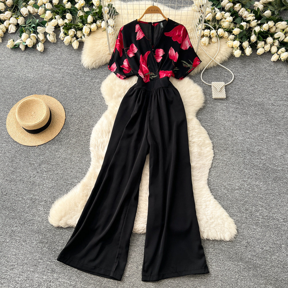 Korean style commute v-neck printed jumpsuit - women's summer high-waisted wide-leg slimming and flattering trousers