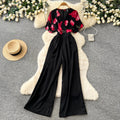 Korean style commute v-neck printed jumpsuit - women's summer high-waisted wide-leg slimming and flattering trousers