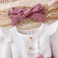 export  autumn new arrival: white flutter sleeve knit top, pink floral print joggers with drawstring, and belt - 3-piece set