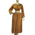 European and american women's clothing  autumn new collection: sweet and fresh round neck lantern sleeve blouse with high-waisted a-line midi skirt two-piece set