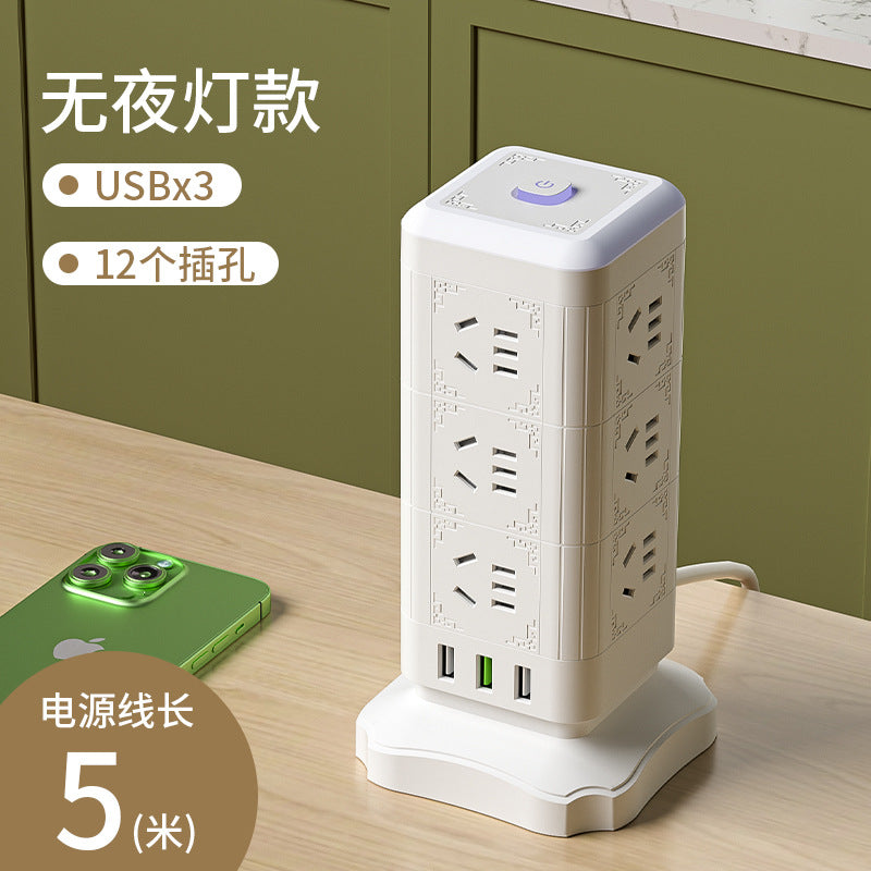 Multi-outlet vertical power strip with usb ports, multifunctional home & office power strip, cube power strip with cord management, desktop night light