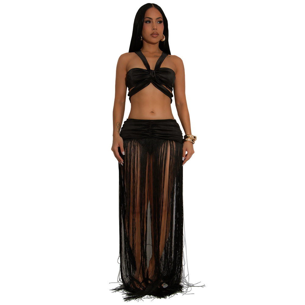 C7438 cross-border   fashion women's sexy strappy top and tassel maxi skirt two-piece set