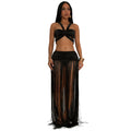 C7438 cross-border   fashion women's sexy strappy top and tassel maxi skirt two-piece set