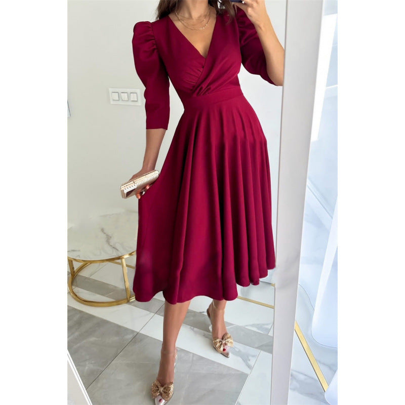 fashion women's clothing:  spring collection - solid color v-neck, cinched waist, pleated maxi dress