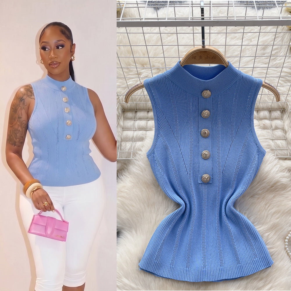 Classy sense of knittingtops women's elegant half turtleneck breasted silmshort stretch tight sleeveless vest bottom shirt