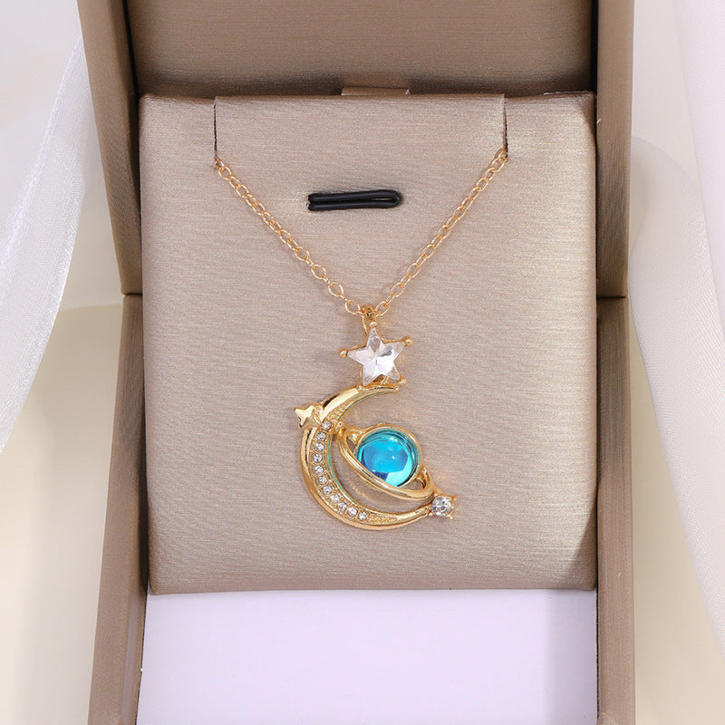 Planet pendant wholesale european and american cross-border jewelry fashion diamond-encrusted clavicle chain women's niche star moon alloy necklace