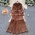 French high-end women's dress - autumn  collection: tie-waist, lantern sleeve, elegant, flowy, and floor-length maxi dress