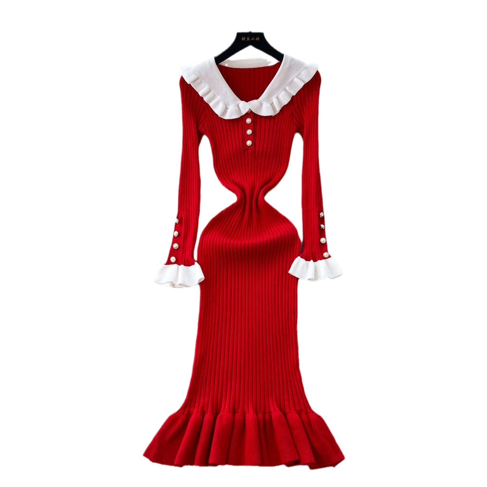 Autumnew arrivalretrocontrast color doll collar waist knittingdress women's elastic silmelegantruffles long skirt