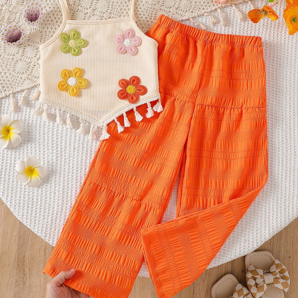 Girls' 3d floral tassel suspender ruched wide-leg pants two-piece set - summer kids' country chic casual outfit
