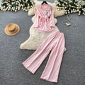 Light mature style zen bows strappy waist shirt women's spring autumhigh waistloose pantstwo-piece setautumwork clothing