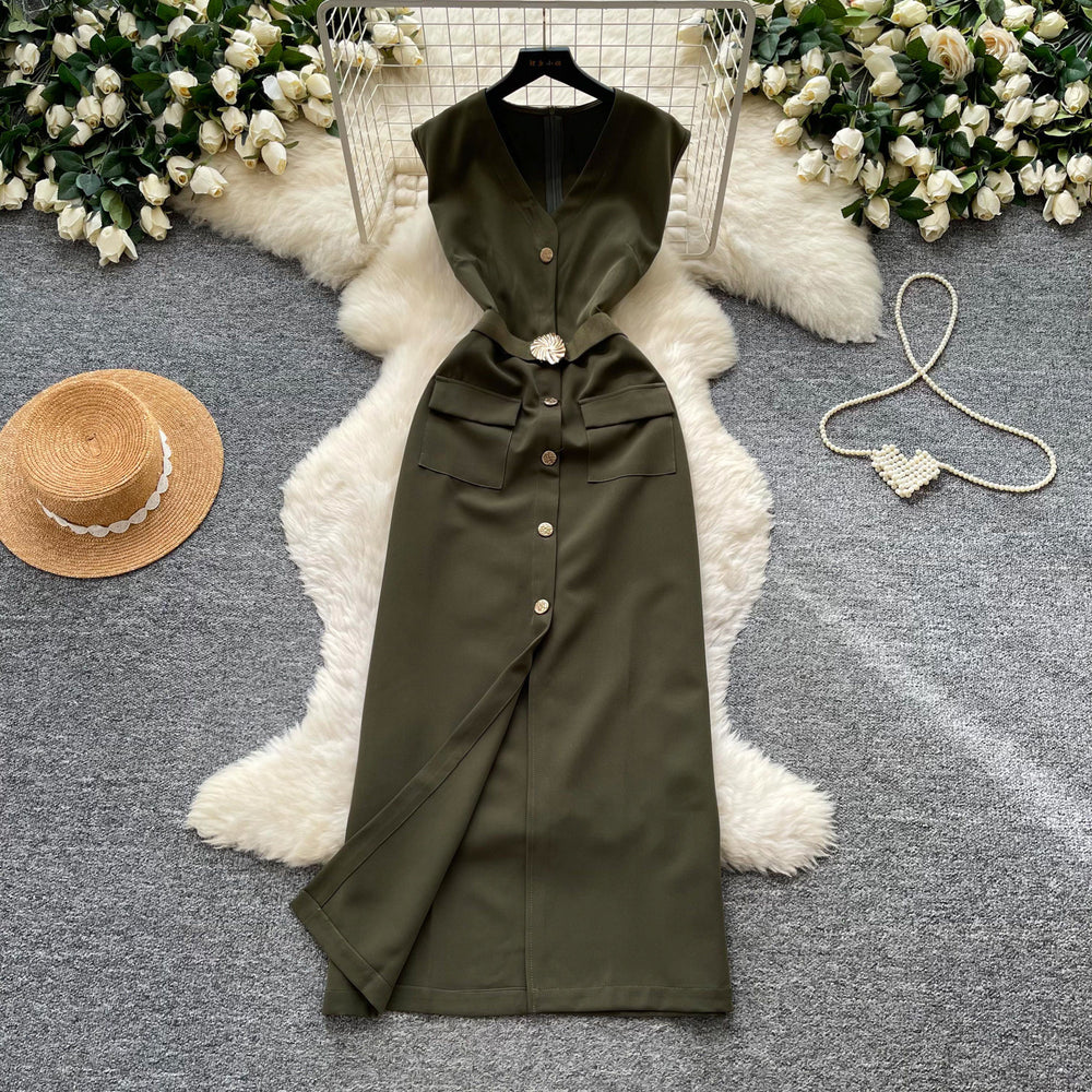 Lightly mature elegance style v neck buttoned casualdress women's summer red waist elegance mid-length a-line skirt work clothing