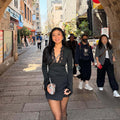 European and american style women's autumn new arrival: elegant v-neck flared sleeve lace trim pleated bodycon mini dress