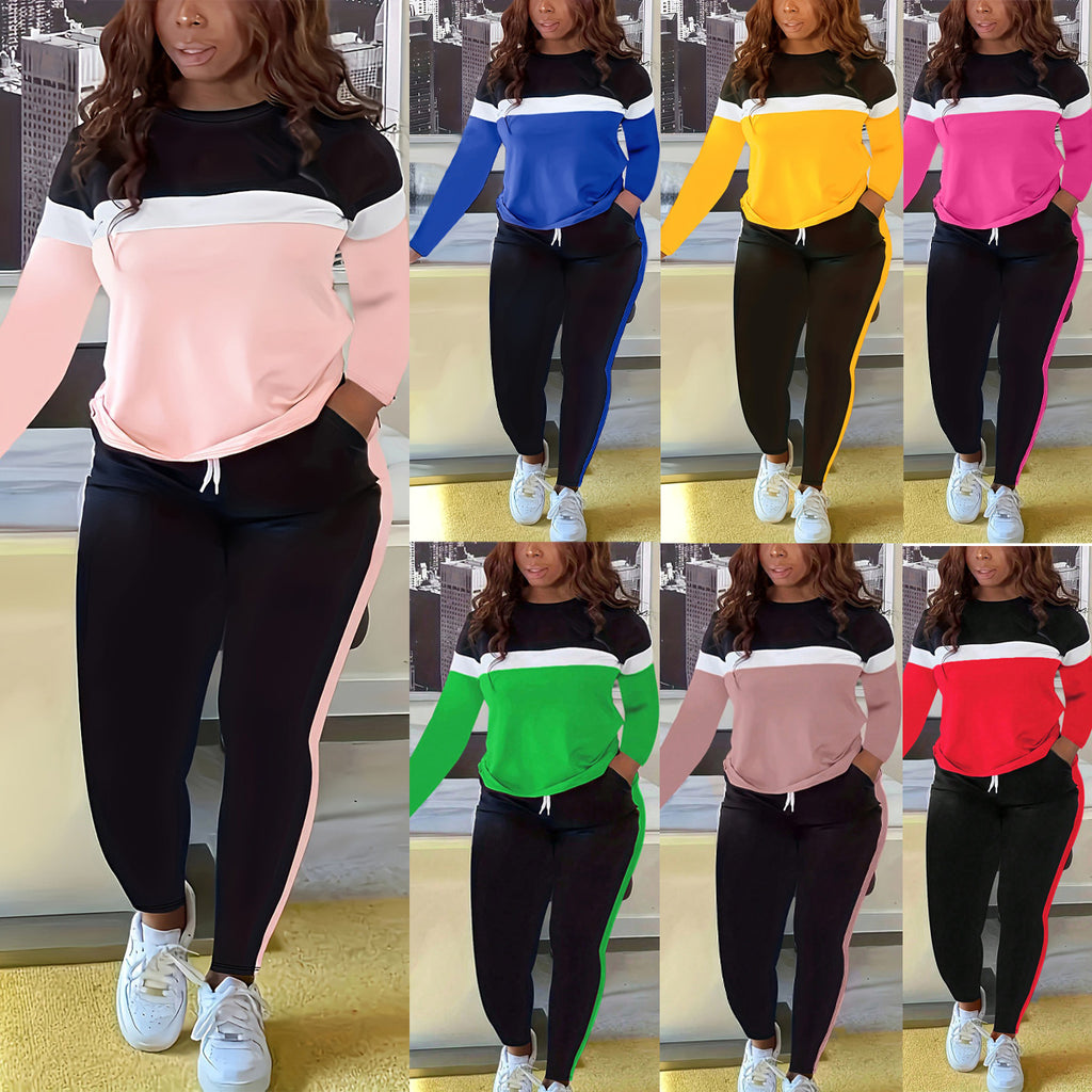 S390843 Striped splicing long-sleeved pants set women's  new product fashion women's clothing independent station casual long-sleeved