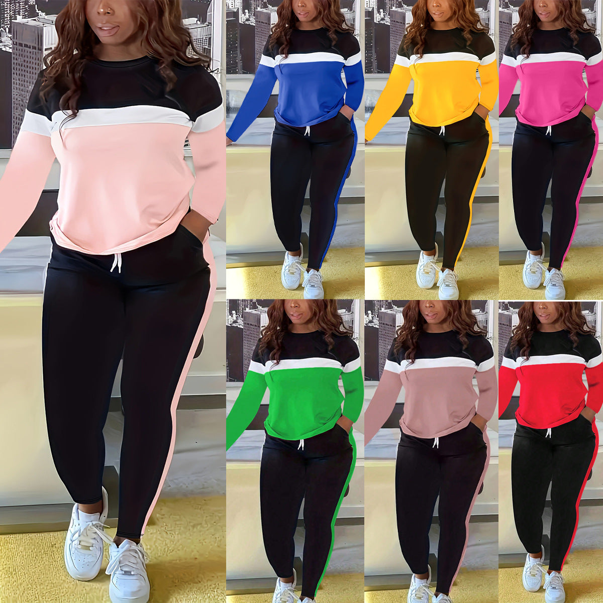 S390843 Striped splicing long-sleeved pants set women's  new product fashion women's clothing independent station casual long-sleeved