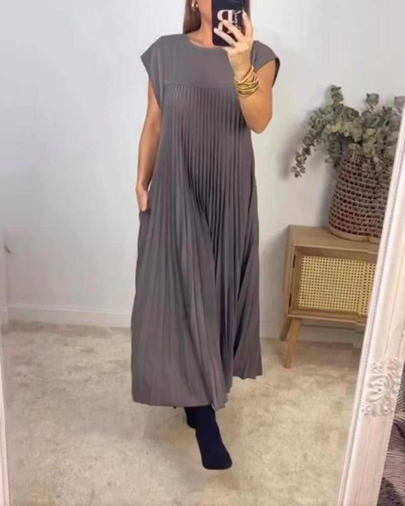 Amazon women's  european and american style spring new arrival solid color elegant fashion round neck short sleeve pleated loose dress