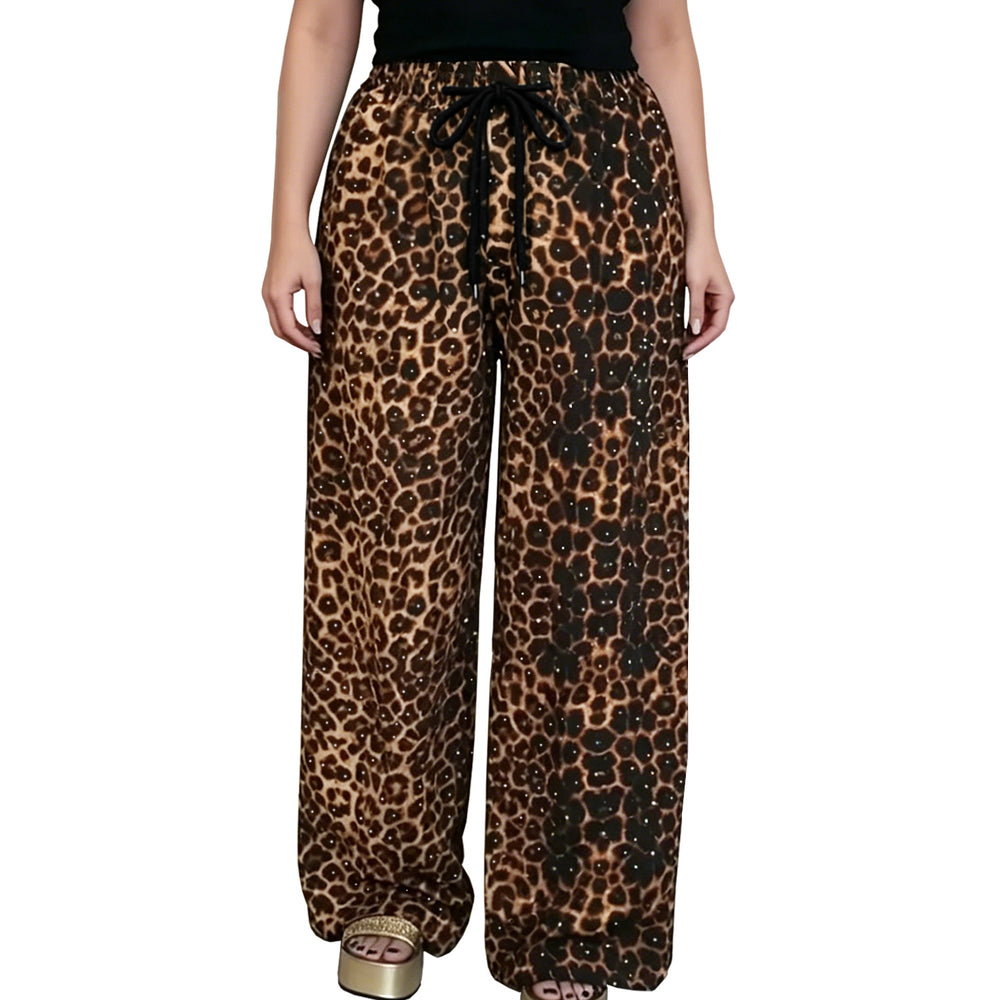 C7768 cross-border  new women's rhinestone drawstring wide-leg pants, vintage animal print casual trousers