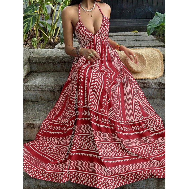 Amazon  summer new arrival: printed beach vacation style v-neck halter backless tie-up dress for women
