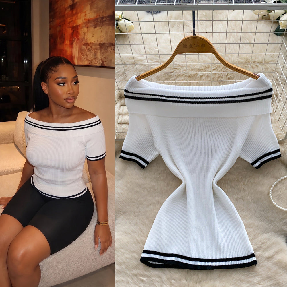 Korean style off-the-shoulder striped knit top - women's summer slim fit white short sleeve top -  new arrival base layer