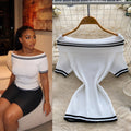 Korean style off-the-shoulder striped knit top - women's summer slim fit white short sleeve top -  new arrival base layer