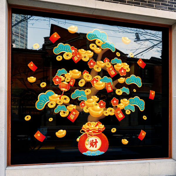 New Spring Festival New Year's Day decoration sticker shop window sticker living room window glass door fortune tree electrostatic glass painting