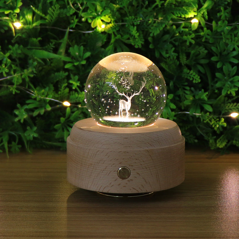 Touch dimming charging night light 3D crystal ball ambient light rotating music box bedroom ornament