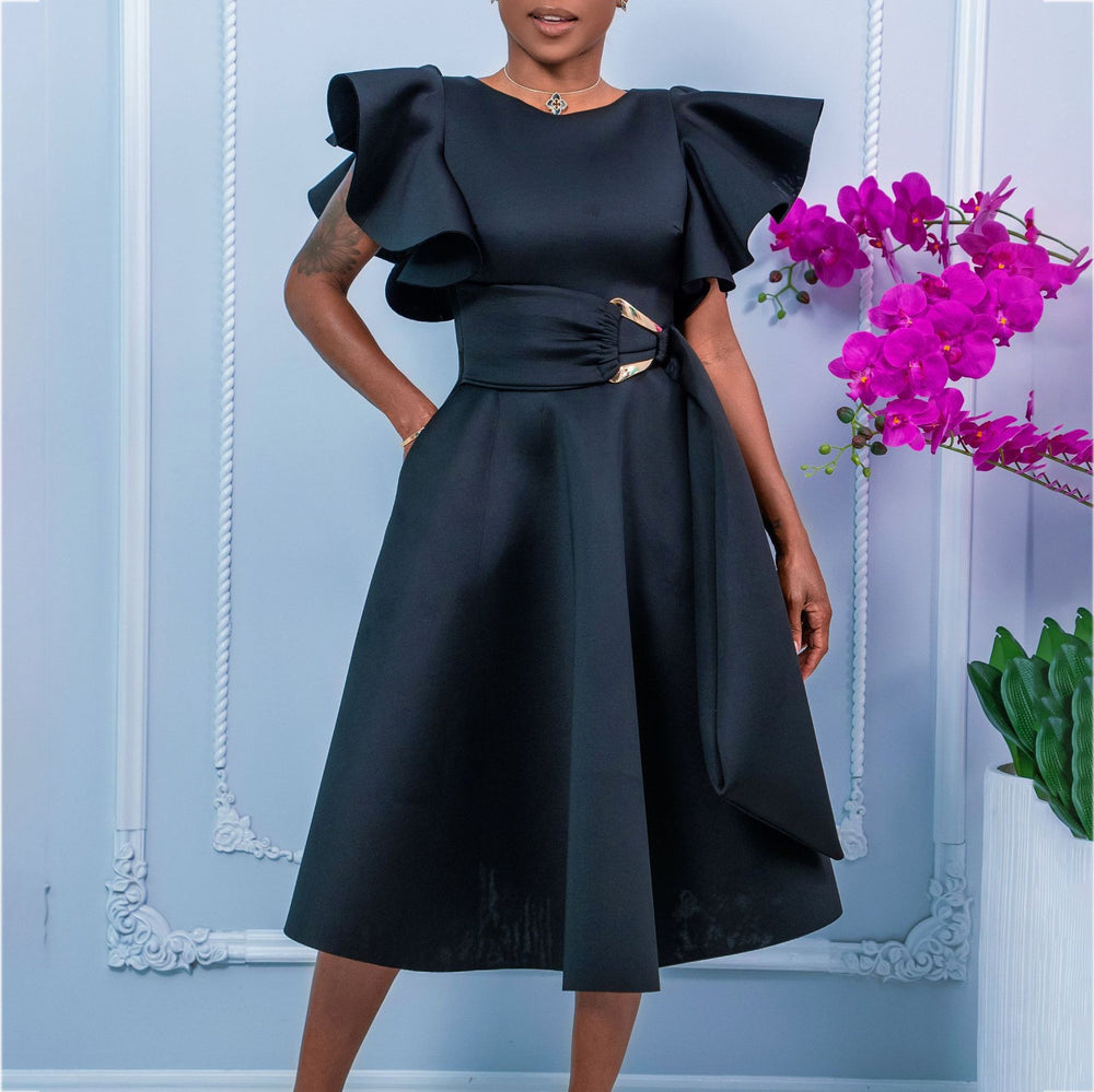 D3362  fashionexport summer elegant eleganceruffle sleeves waist strap dress cross-border dress