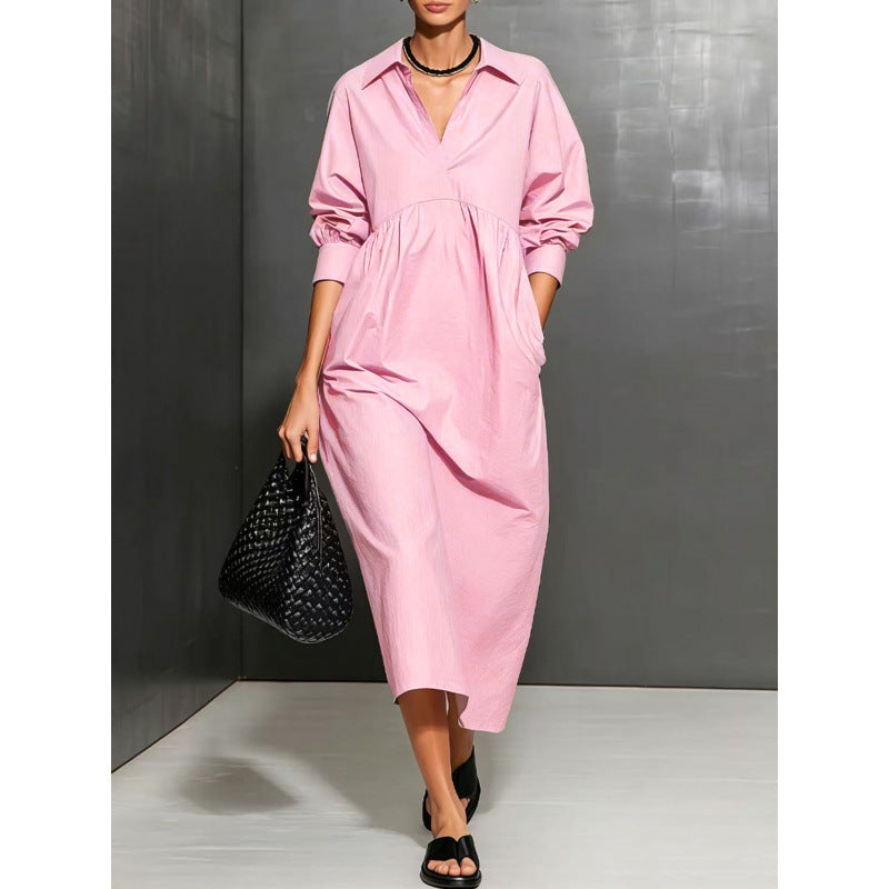 new european and american cross-border style: solid color, loose-fit, long-sleeve shirt collar pocket dress
