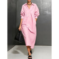 new european and american cross-border style: solid color, loose-fit, long-sleeve shirt collar pocket dress