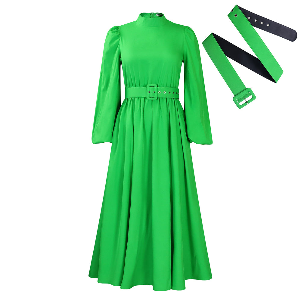 D491  women's winter new arrival: semi-high neck, long sleeve, cinched waist, elegant, slimming, a-line foreign trade dress