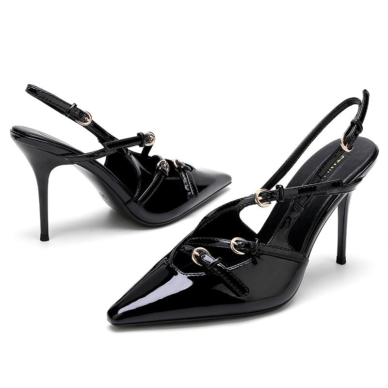 2026 summer european and american style patent leather stiletto peep-toe sandals women's single strap cat heel pointed toe back strap high heels