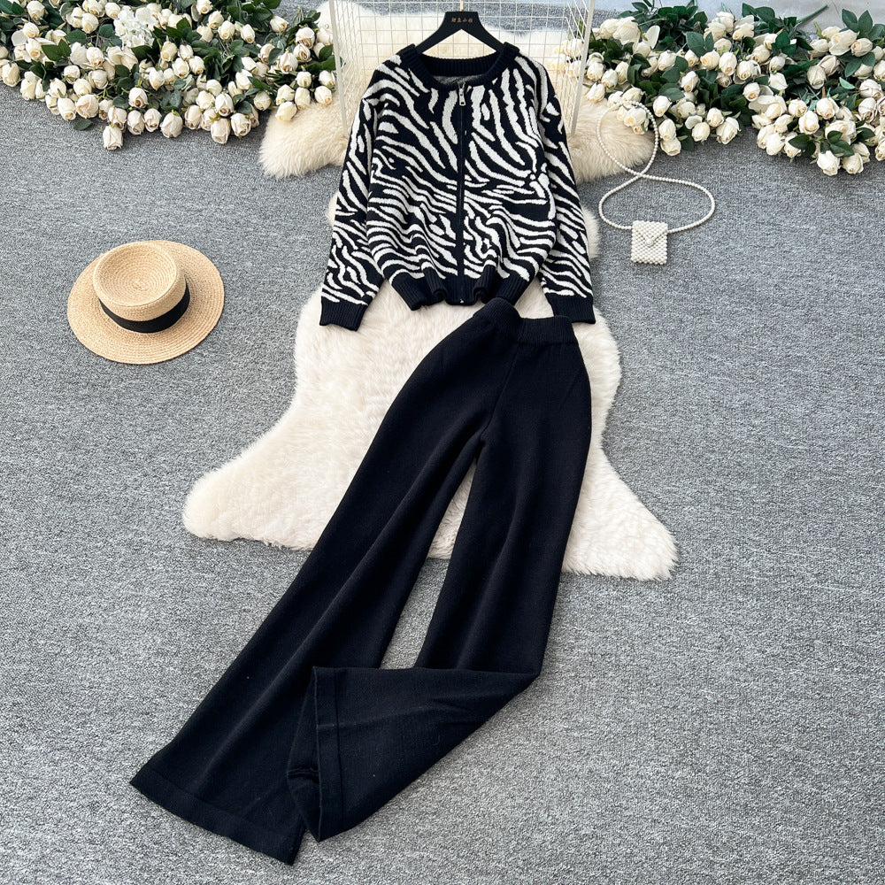 European style fashion set for women - autumn loose casual versatile crew neck long sleeve printed knit top & high waist wide leg pants
