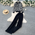 European style fashion set for women - autumn loose casual versatile crew neck long sleeve printed knit top & high waist wide leg pants