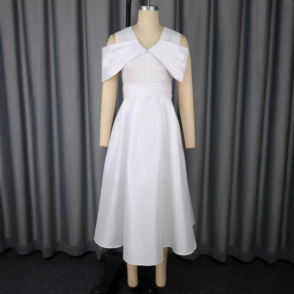 Off-the-shoulder v-neck irregular bow bridesmaid dress - slim fit a-line party dress
