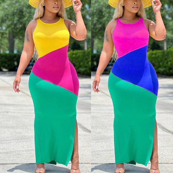 Y5232 summer new product, European and American women's clothing fashionable and sexy sleeveless digital positioning printing casual dress