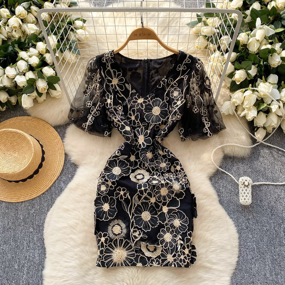 French style outfit for women french palace heavy industry embroider mesh puff sleeves waist dress for women slimming lookelegantdress