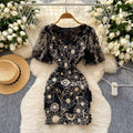 French style outfit for women french palace heavy industry embroider mesh puff sleeves waist dress for women slimming lookelegantdress
